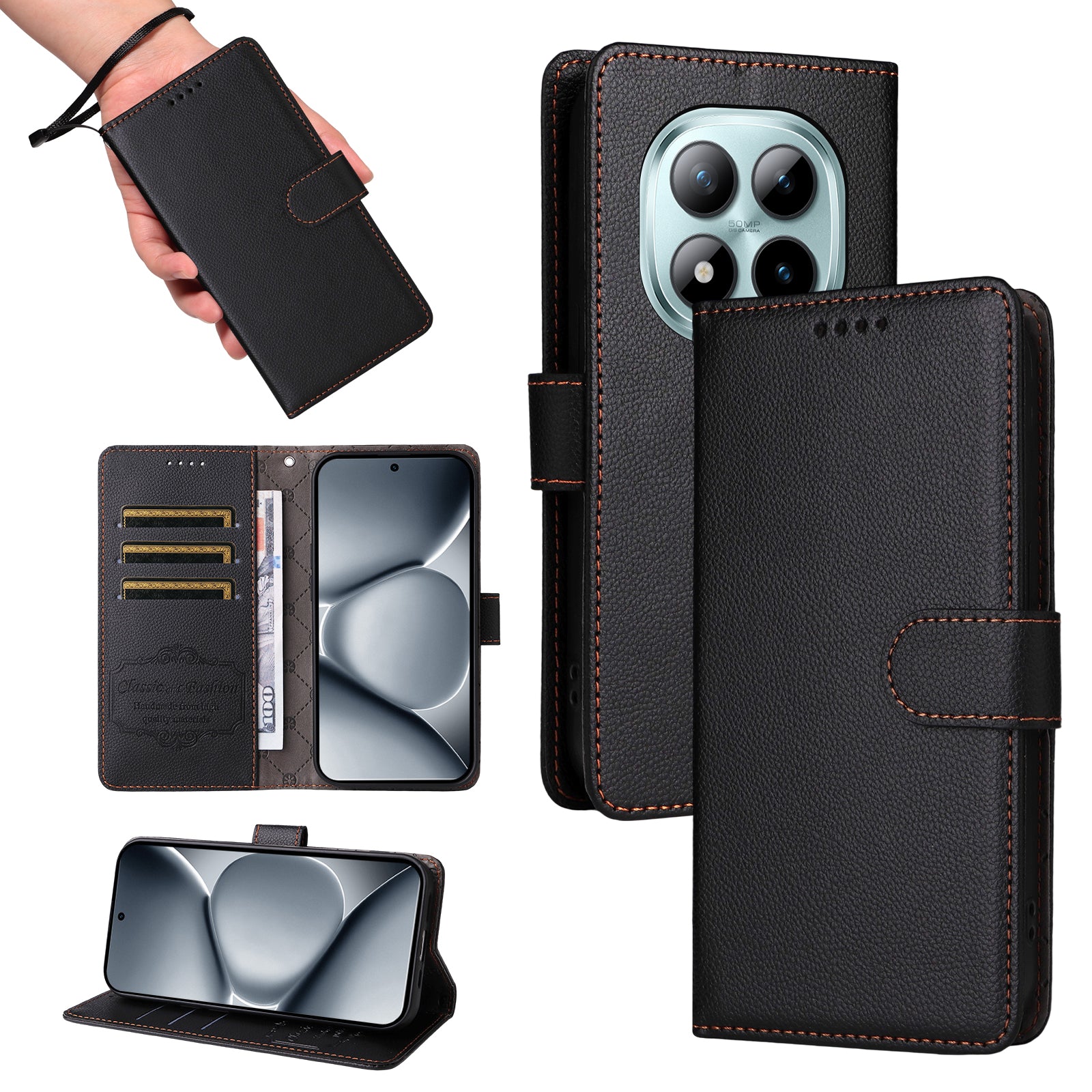 For Xiaomi Poco M8 Pro 5G / Redmi Note 15 Pro+ 5G (Global) Case RFID Blocking 3 Card Slots PU Leather Phone Cover with Wrist Strap - Black