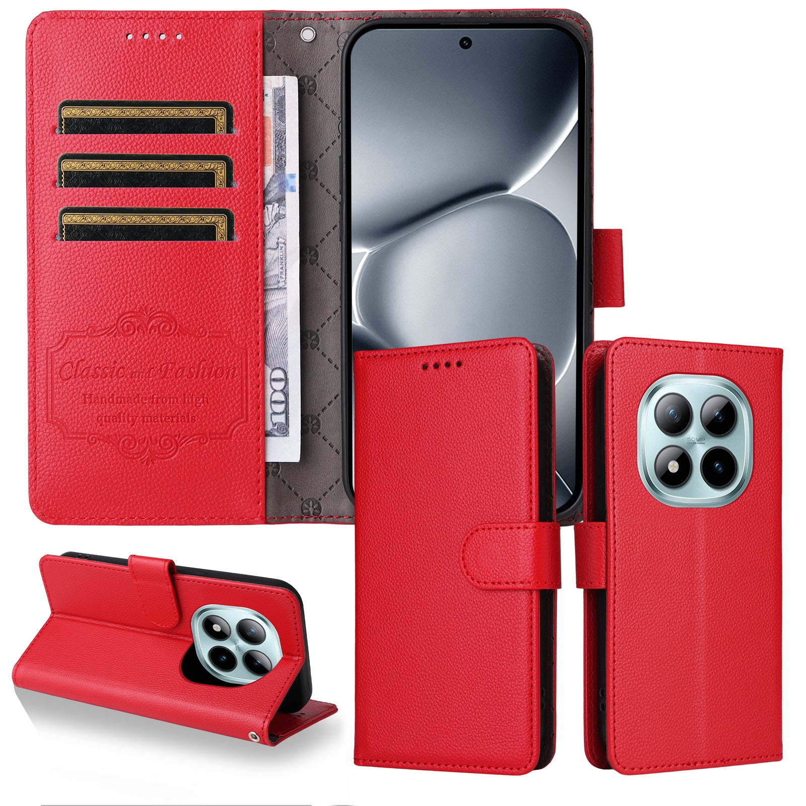 For Xiaomi Poco M8 Pro 5G / Redmi Note 15 Pro+ 5G (Global) Case RFID Blocking 3 Card Slots PU Leather Phone Cover with Wrist Strap - Red