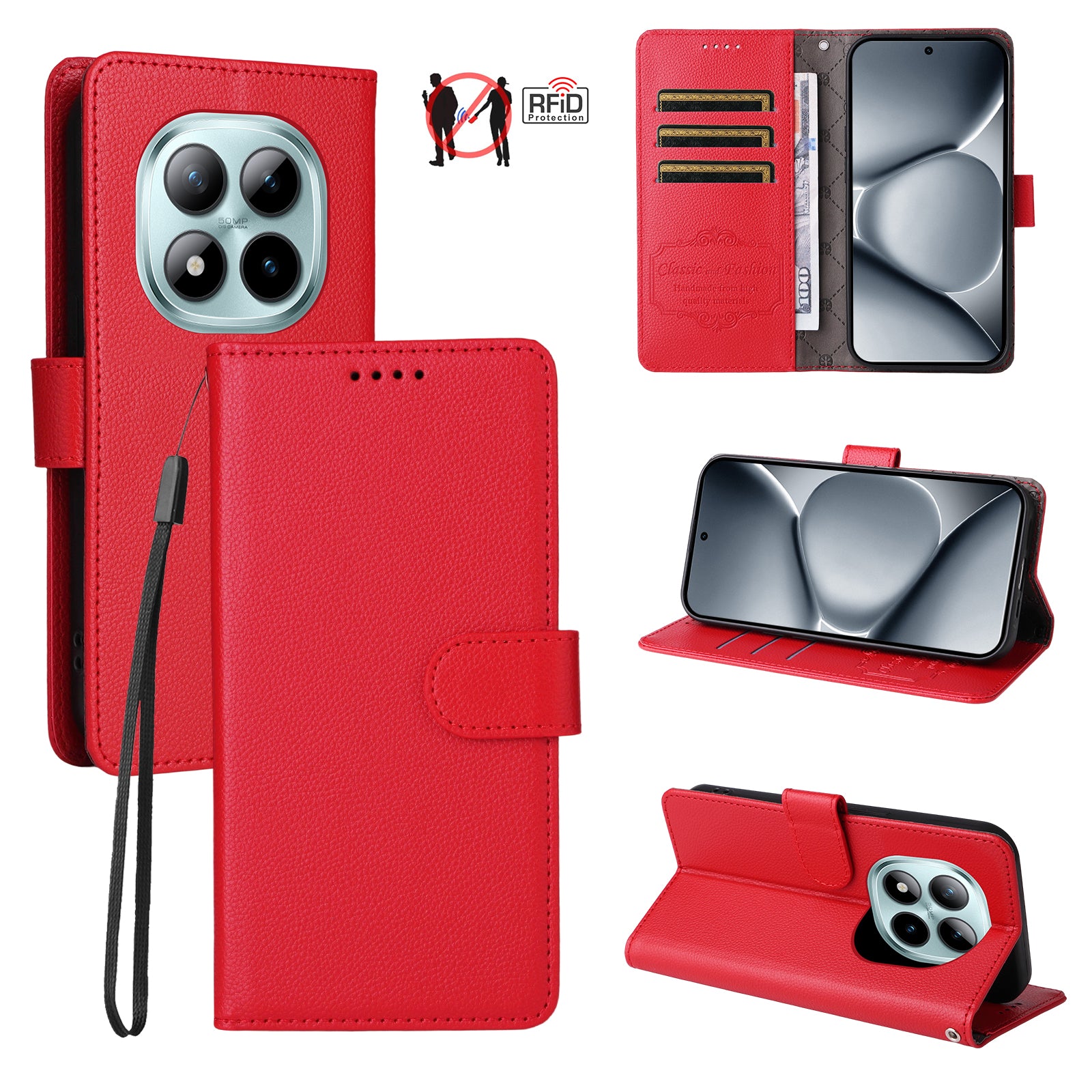 For Xiaomi Poco M8 Pro 5G / Redmi Note 15 Pro+ 5G (Global) Case RFID Blocking 3 Card Slots PU Leather Phone Cover with Wrist Strap - Red