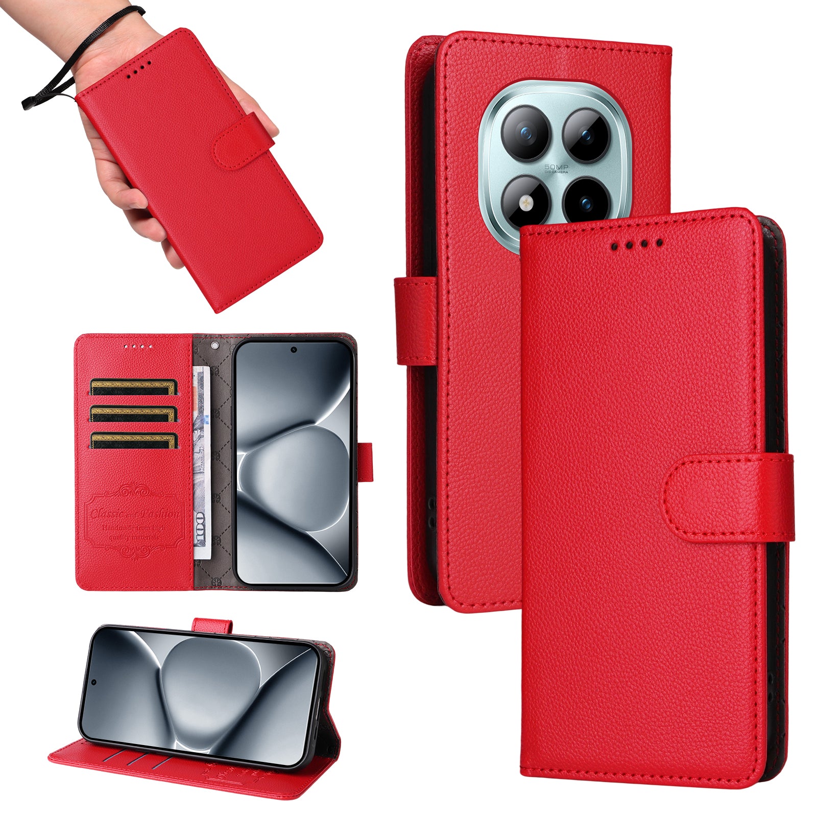 For Xiaomi Poco M8 Pro 5G / Redmi Note 15 Pro+ 5G (Global) Case RFID Blocking 3 Card Slots PU Leather Phone Cover with Wrist Strap - Red