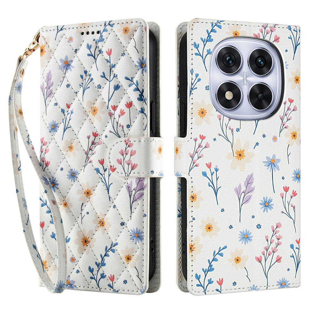 For Xiaomi Redmi Note 15 Pro 4G (Global) Wallet Case Rhombic Floral Design Leather Flip Phone Cover with Strap - A2