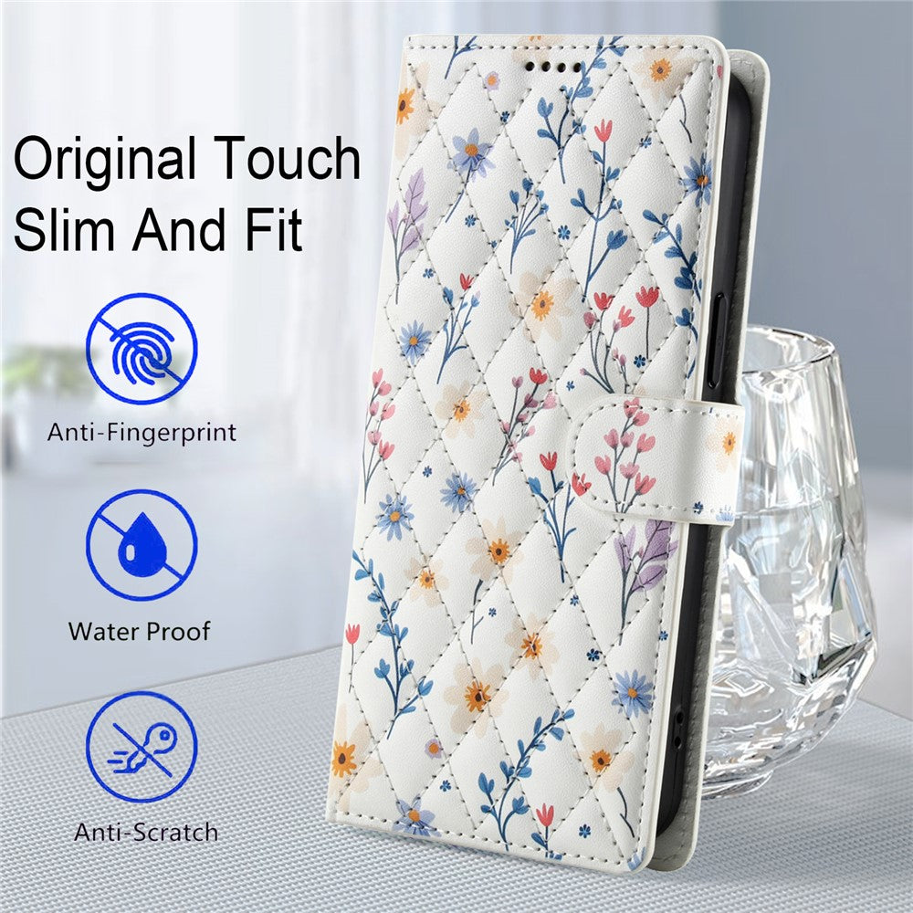 For Xiaomi Redmi Note 15 Pro 4G (Global) Wallet Case Rhombic Floral Design Leather Flip Phone Cover with Strap - A2