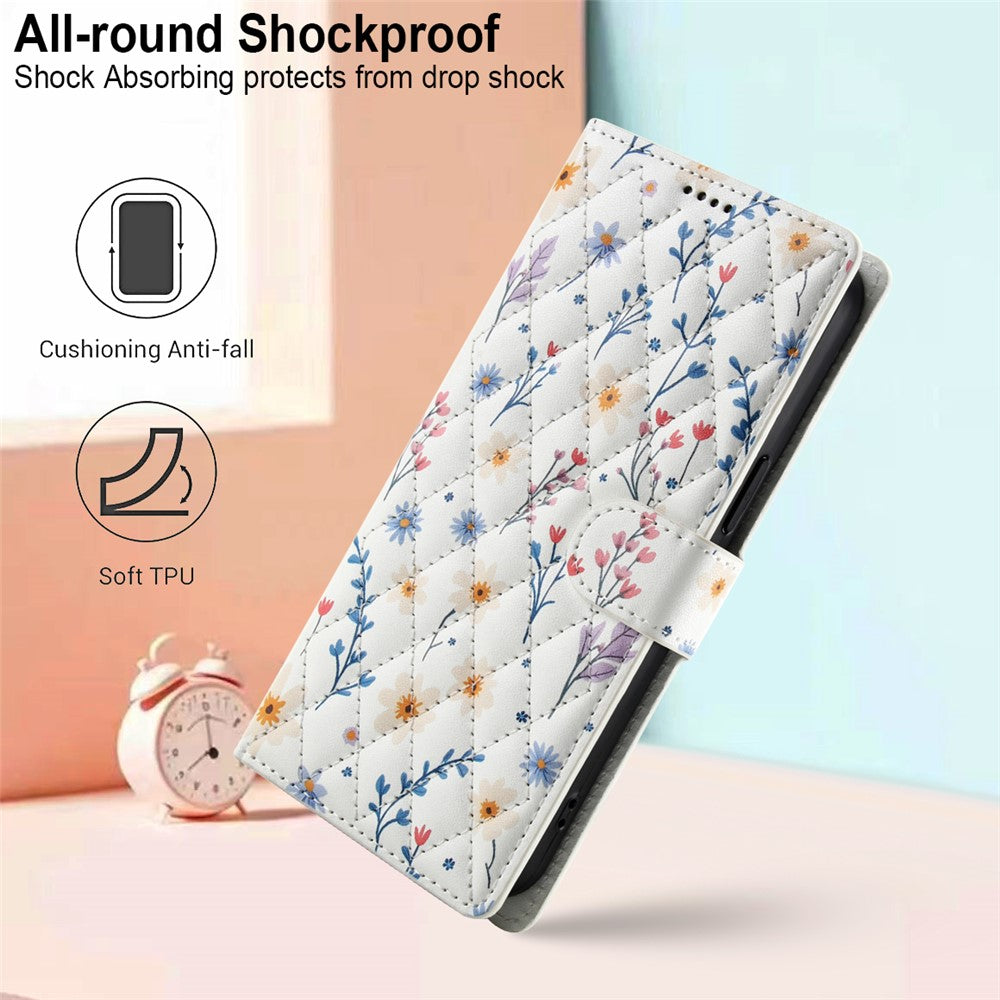 For Xiaomi Redmi Note 15 Pro 4G (Global) Wallet Case Rhombic Floral Design Leather Flip Phone Cover with Strap - A2