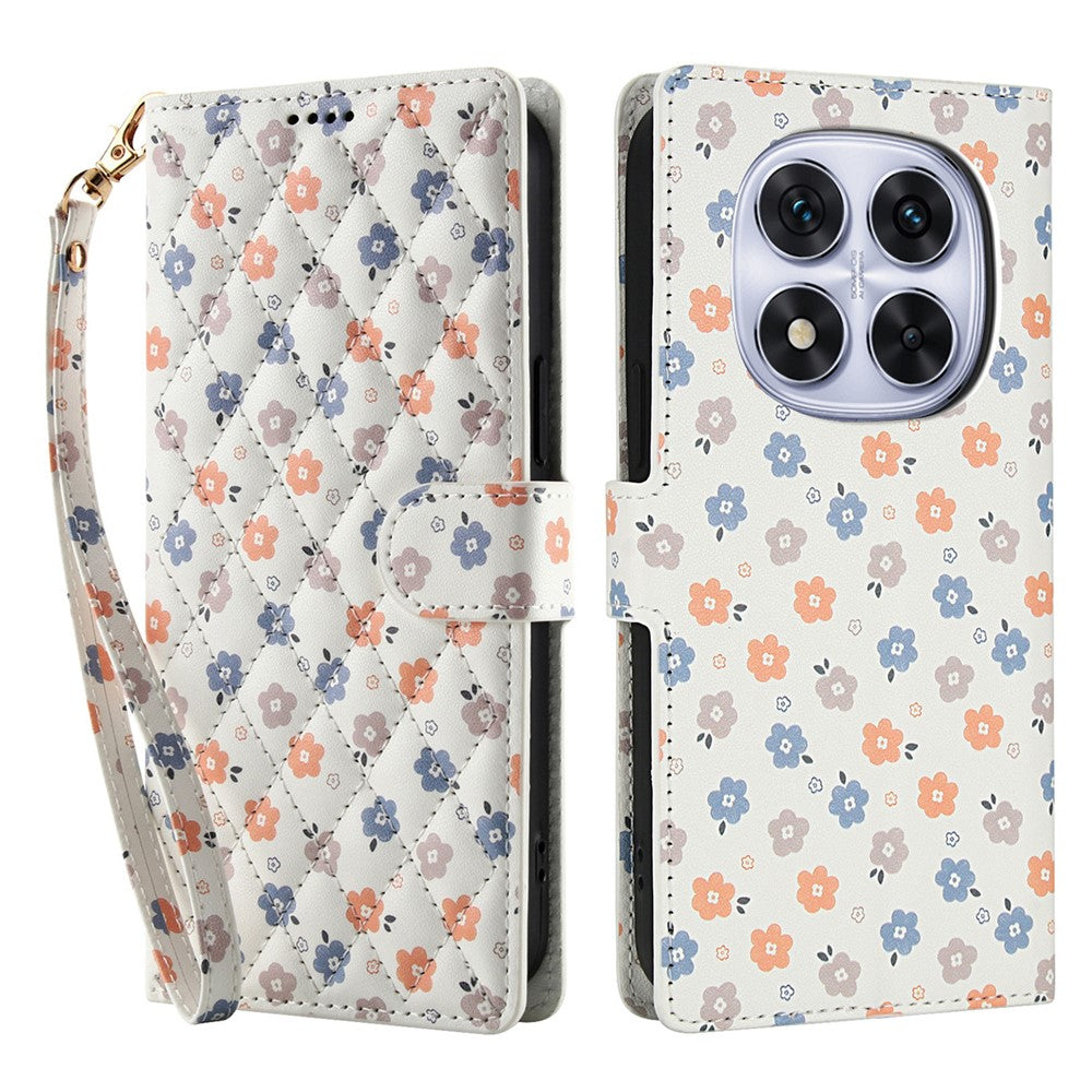 For Xiaomi Redmi Note 15 Pro 4G (Global) Wallet Case Rhombic Floral Design Leather Flip Phone Cover with Strap - A4