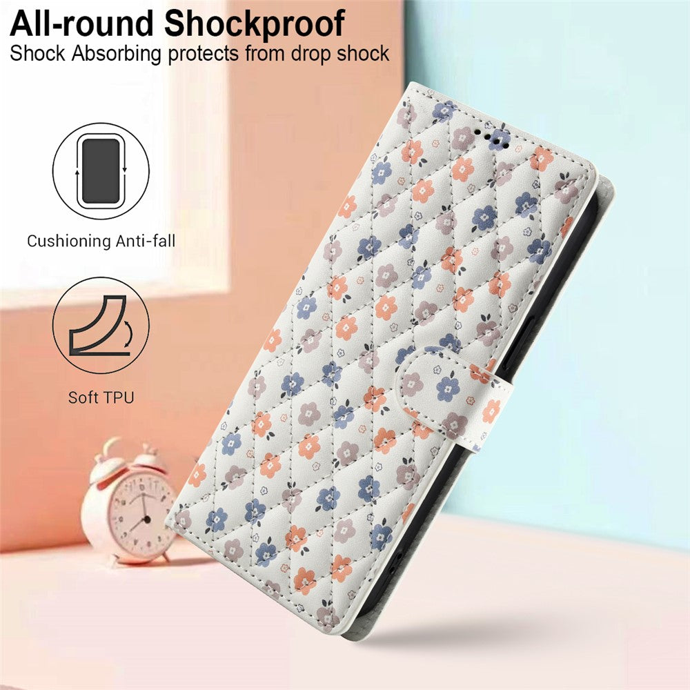 For Xiaomi Redmi Note 15 Pro 4G (Global) Wallet Case Rhombic Floral Design Leather Flip Phone Cover with Strap - A4