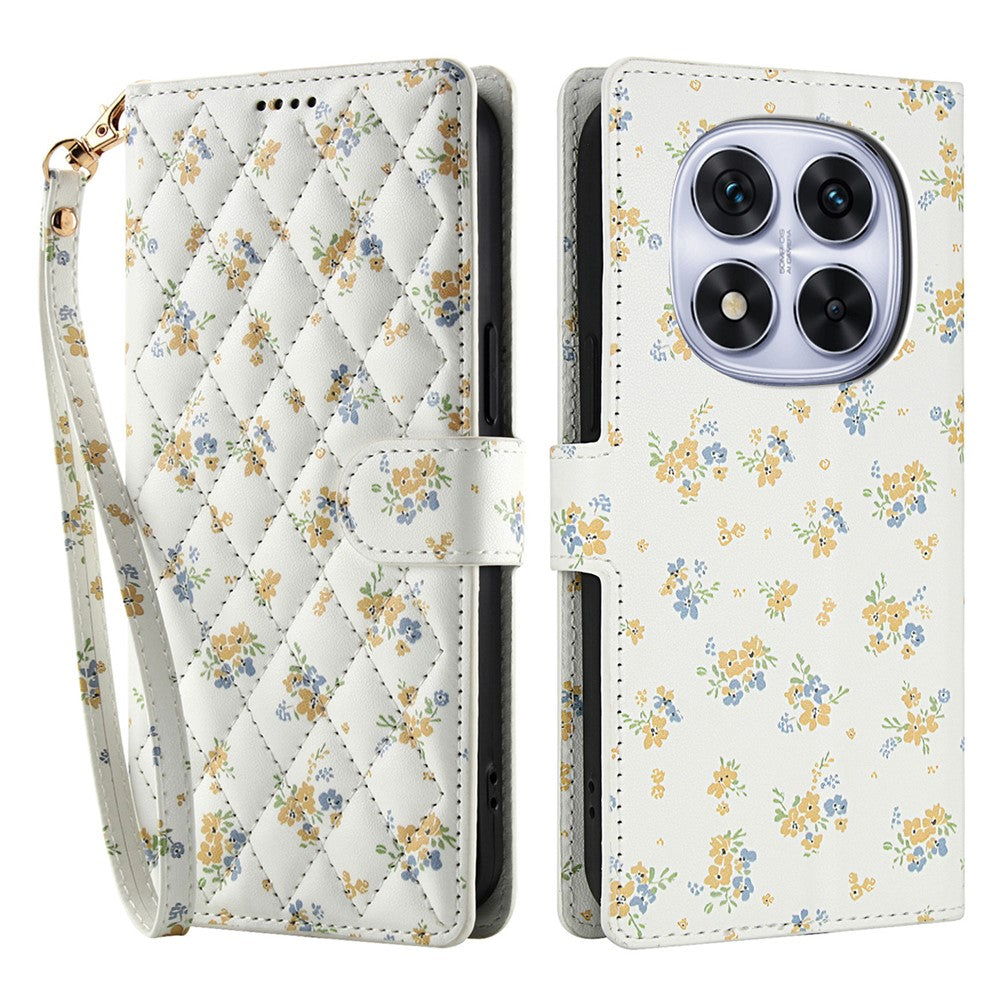 For Xiaomi Redmi Note 15 Pro 4G (Global) Wallet Case Rhombic Floral Design Leather Flip Phone Cover with Strap - A5