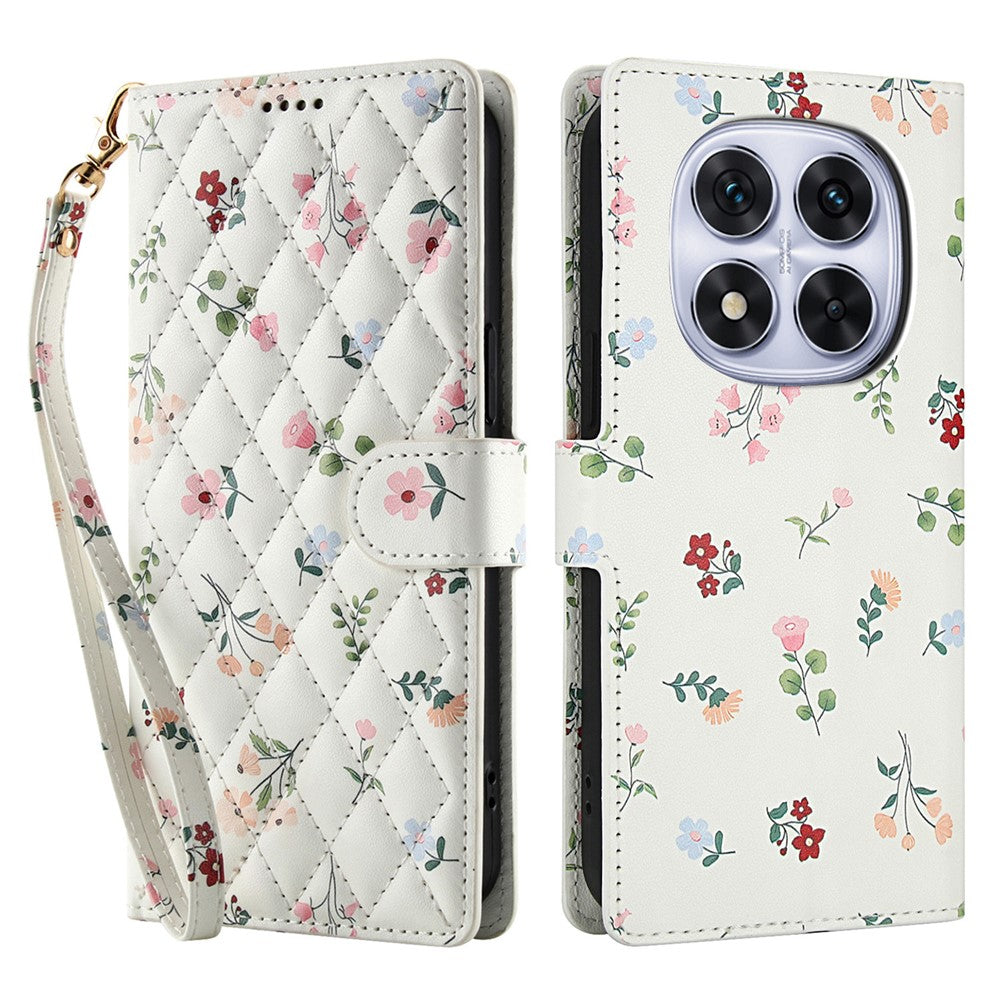 For Xiaomi Redmi Note 15 Pro 4G (Global) Wallet Case Rhombic Floral Design Leather Flip Phone Cover with Strap - A1
