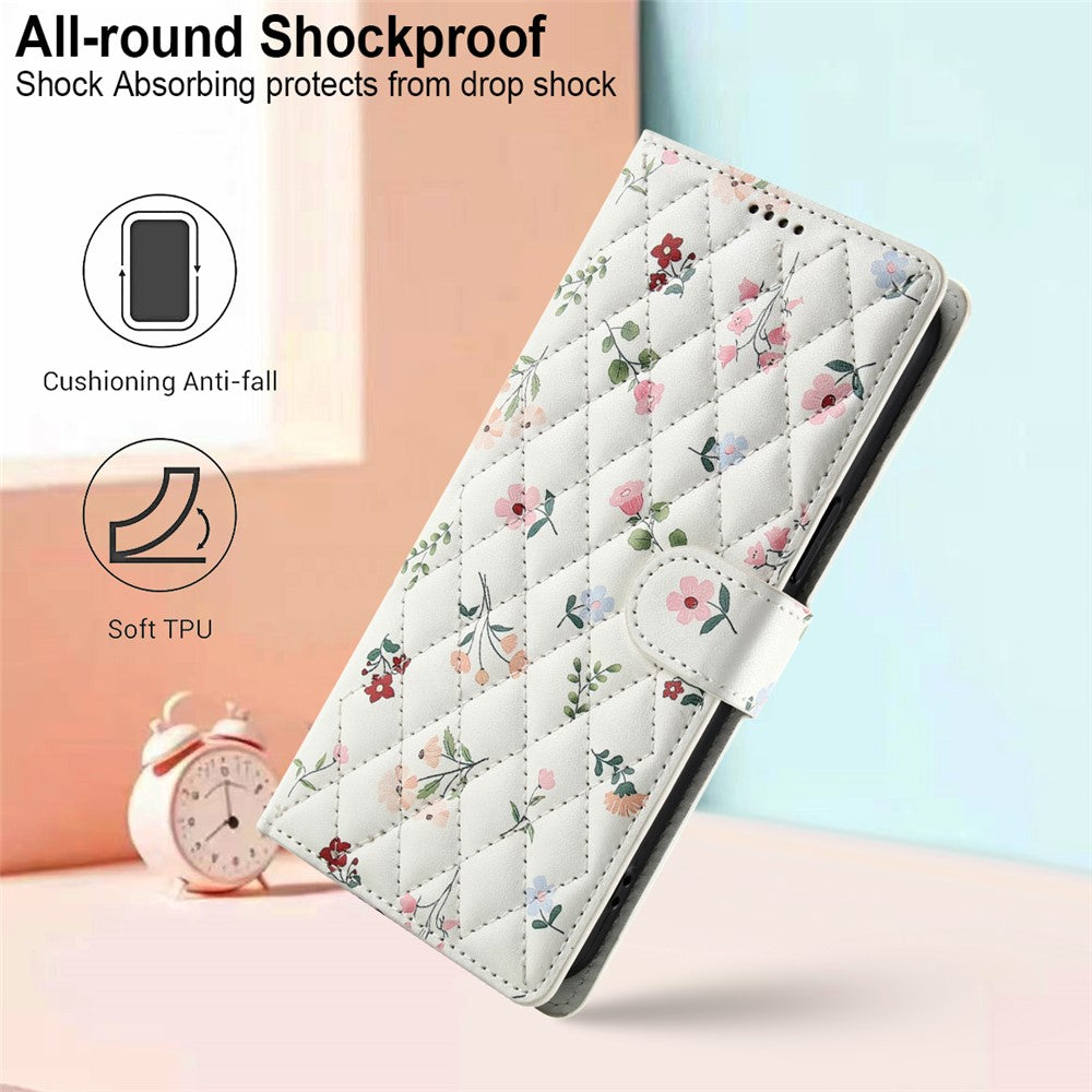 For Xiaomi Redmi Note 15 Pro 4G (Global) Wallet Case Rhombic Floral Design Leather Flip Phone Cover with Strap - A1