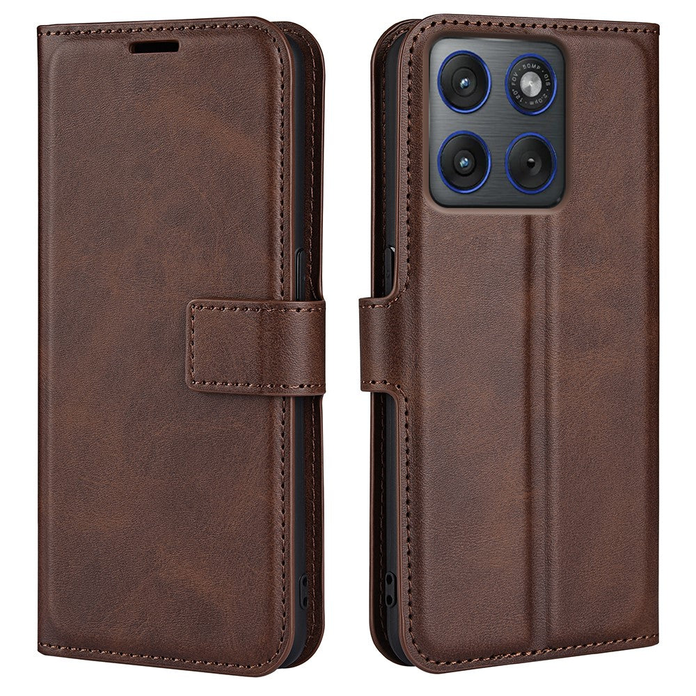 For Motorola Edge 70 5G Stand Case Anti-Scratch Calf Texture Leather Phone Cover - Brown