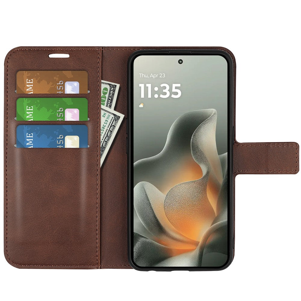For Motorola Edge 70 5G Stand Case Anti-Scratch Calf Texture Leather Phone Cover - Brown