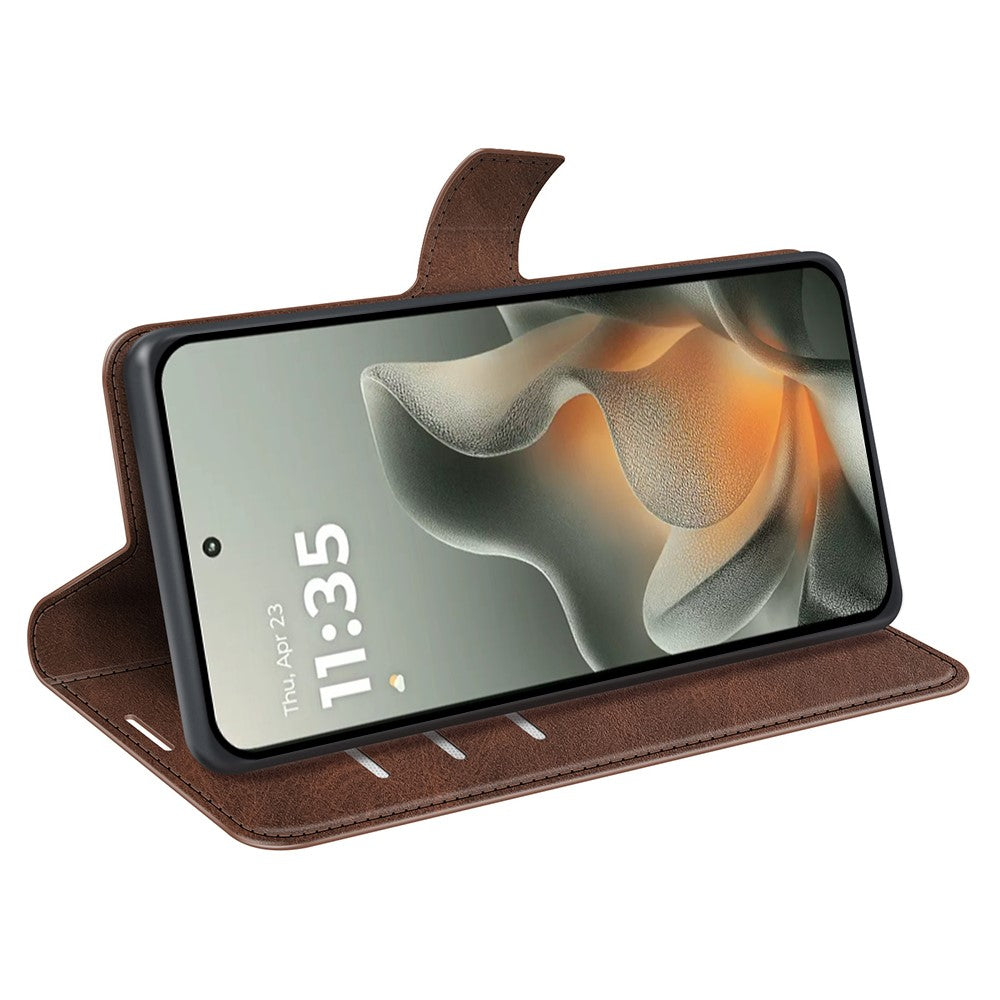 For Motorola Edge 70 5G Stand Case Anti-Scratch Calf Texture Leather Phone Cover - Brown