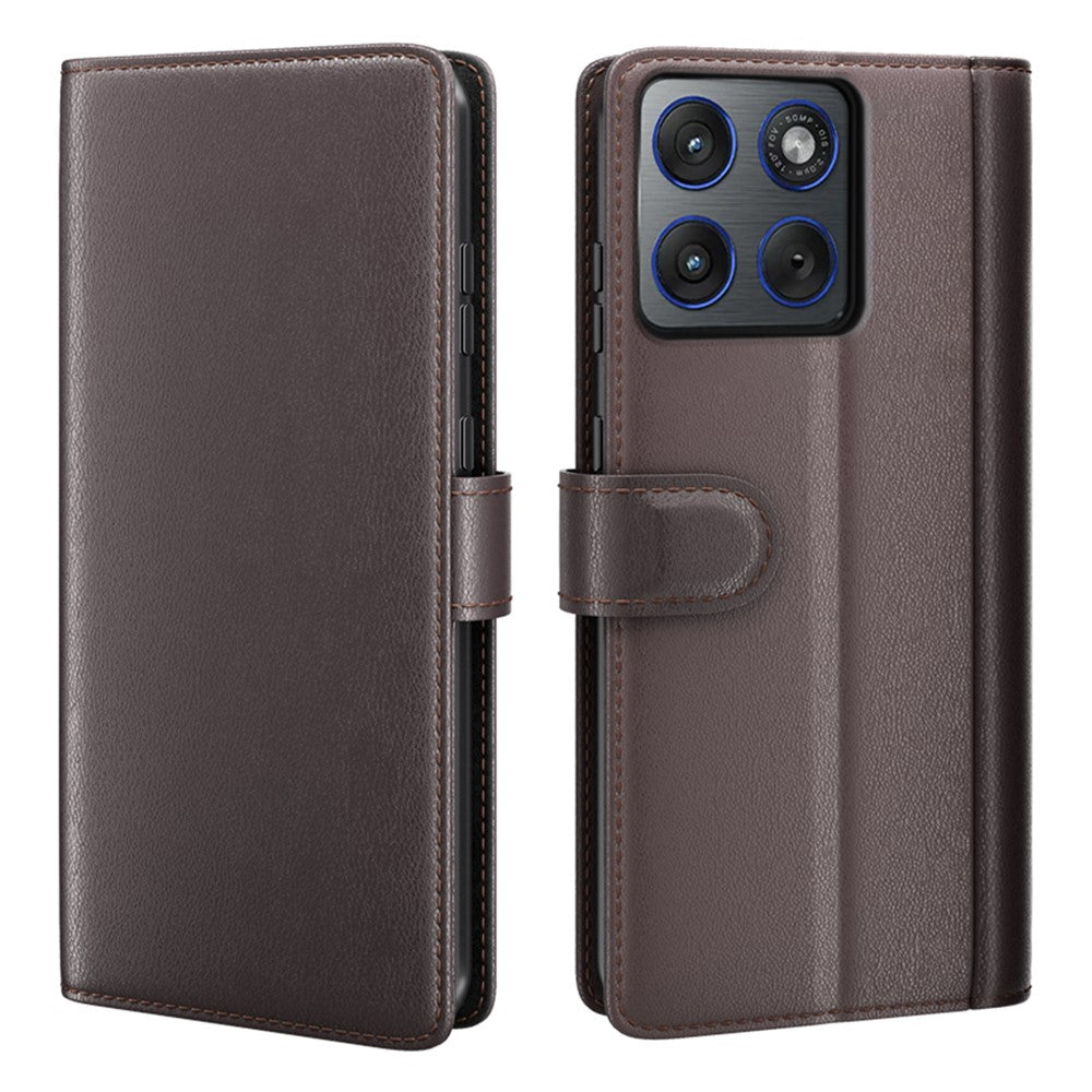 For Motorola Edge 70 5G Case Genuine Split Leather Phone Cover with Wallet Stand - Brown