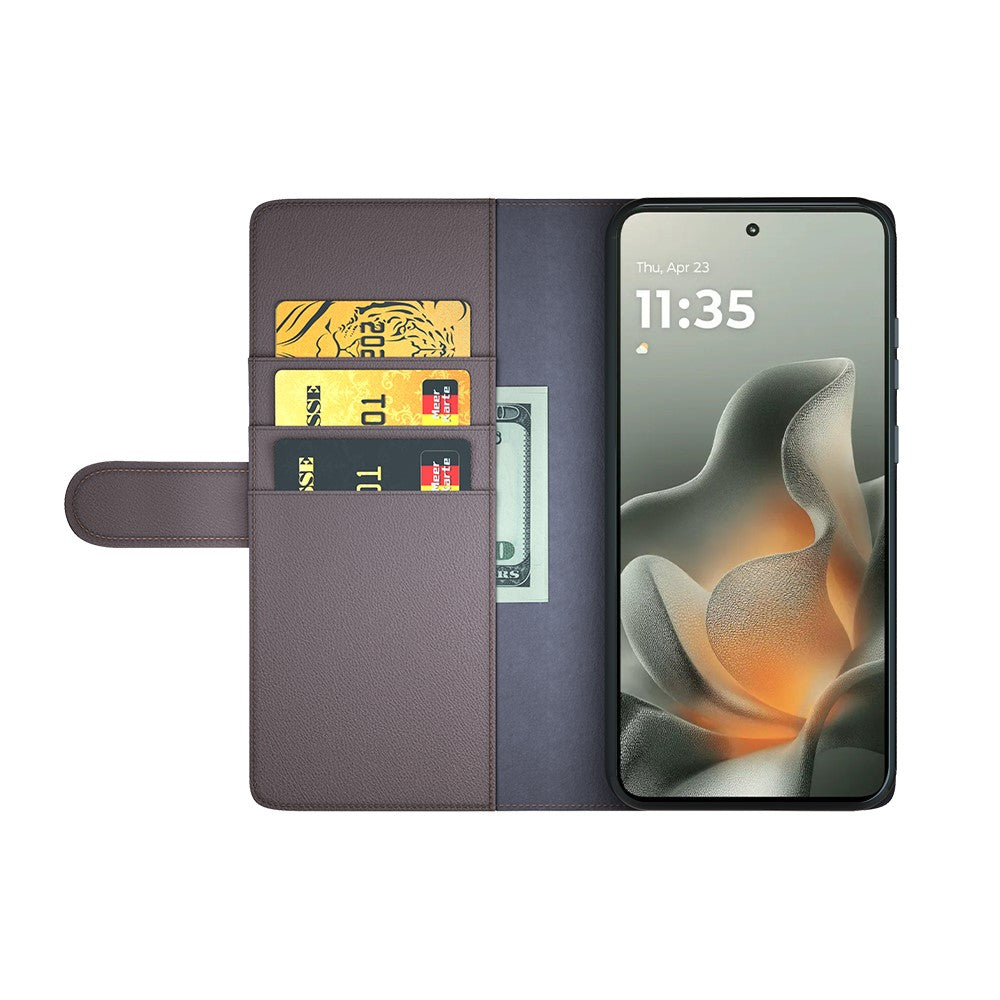 For Motorola Edge 70 5G Case Genuine Split Leather Phone Cover with Wallet Stand - Brown