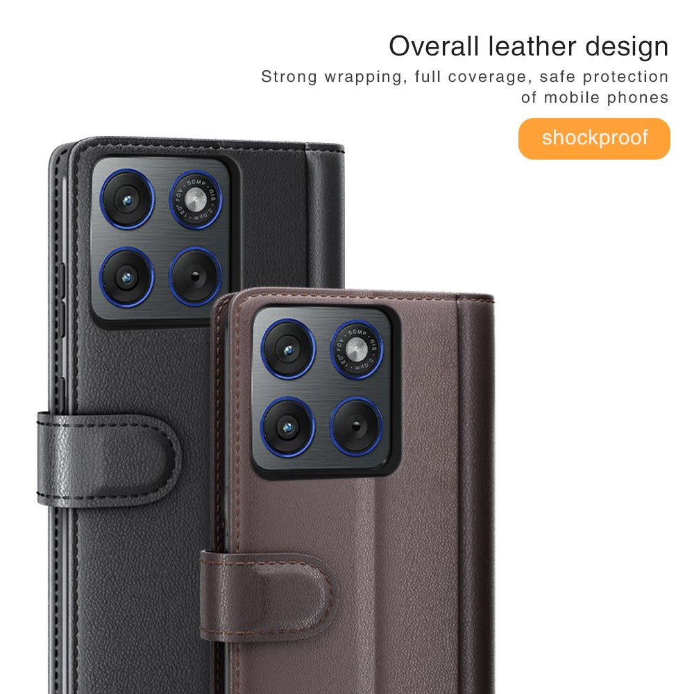 For Motorola Edge 70 5G Case Genuine Split Leather Phone Cover with Wallet Stand - Brown