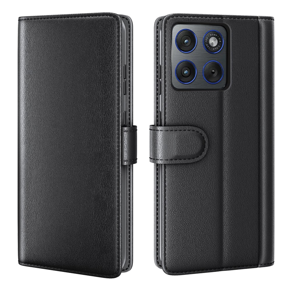 For Motorola Edge 70 5G Case Genuine Split Leather Phone Cover with Wallet Stand - Black