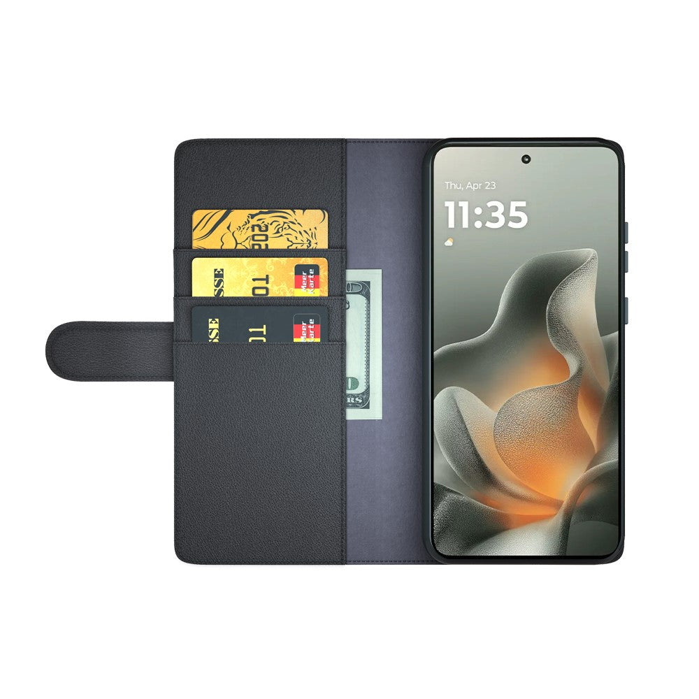 For Motorola Edge 70 5G Case Genuine Split Leather Phone Cover with Wallet Stand - Black