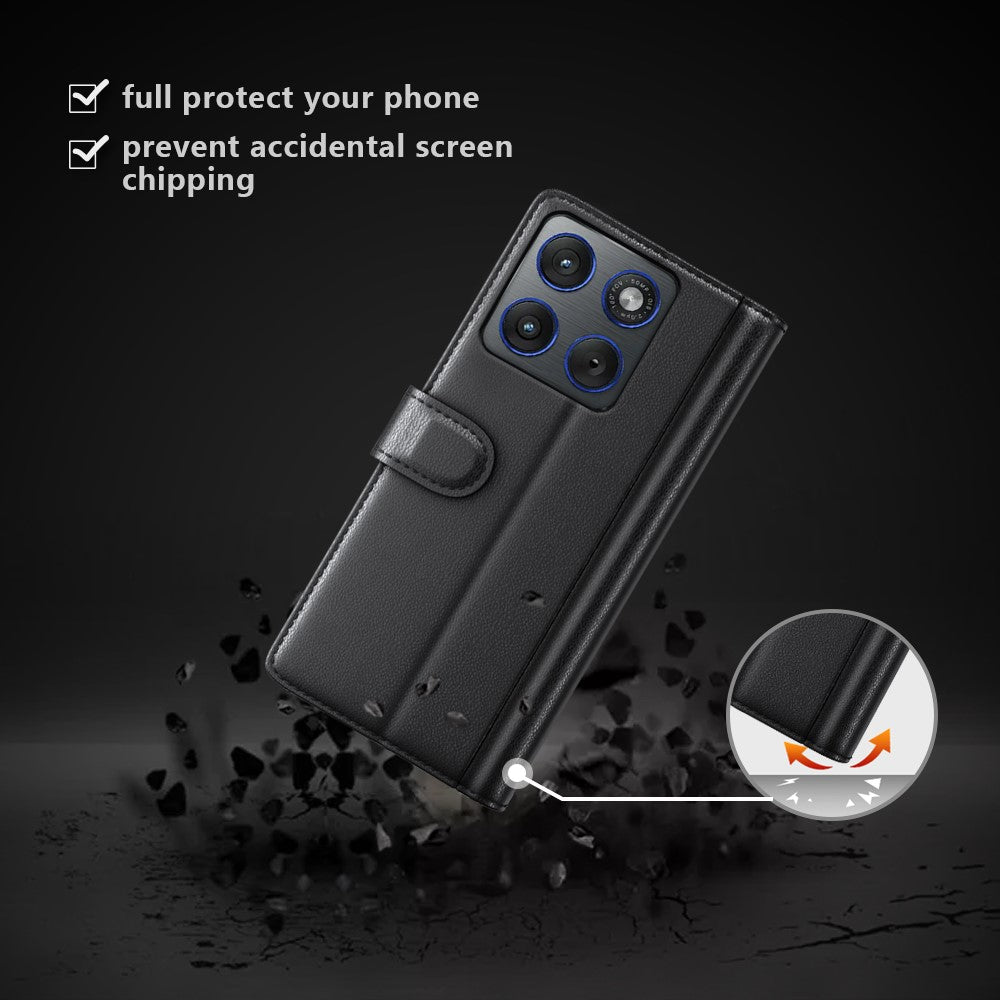 For Motorola Edge 70 5G Case Genuine Split Leather Phone Cover with Wallet Stand - Black