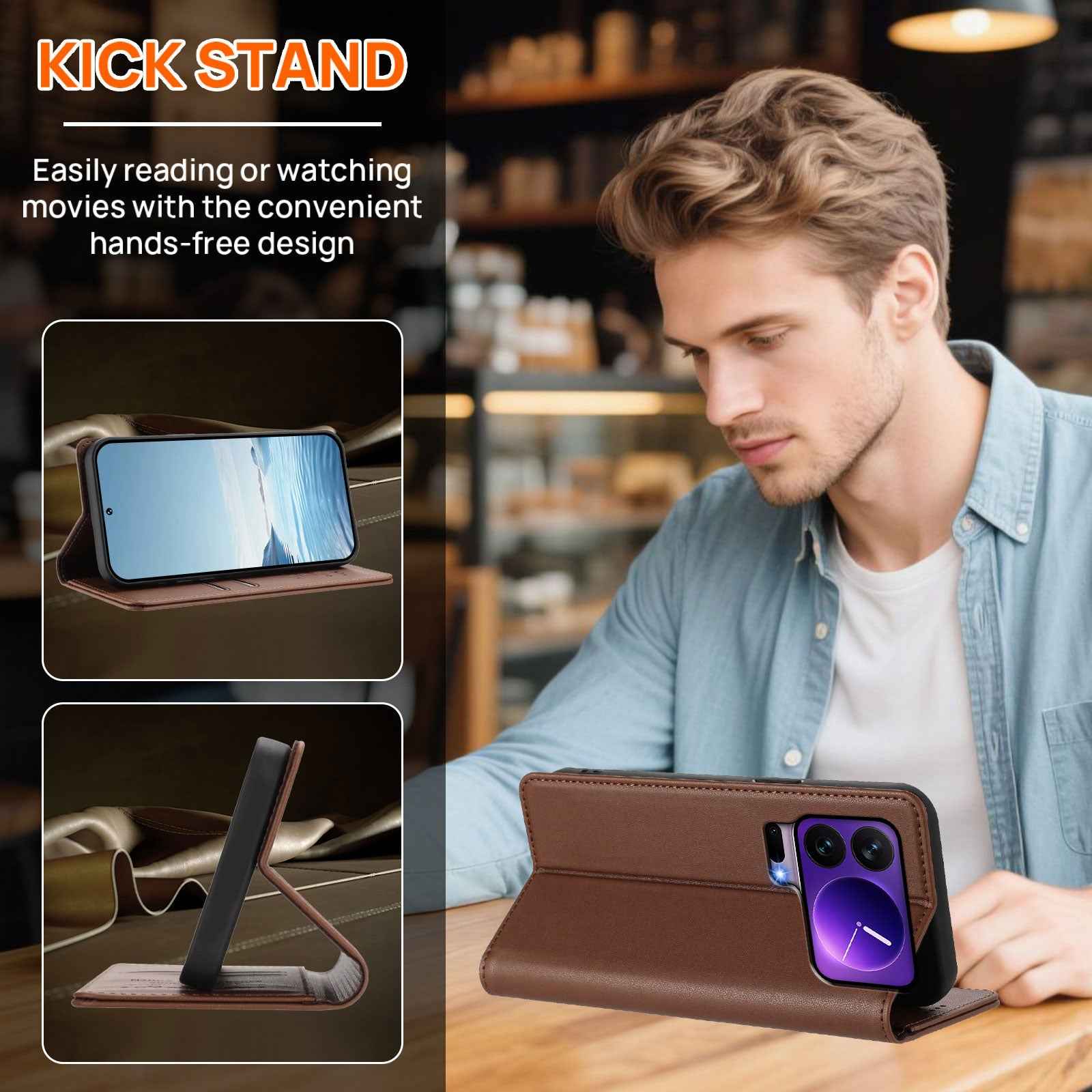 For Xiaomi 17 Pro Leather Wallet Case Magnetic Closure RFID Blocking Phone Cover - Brown