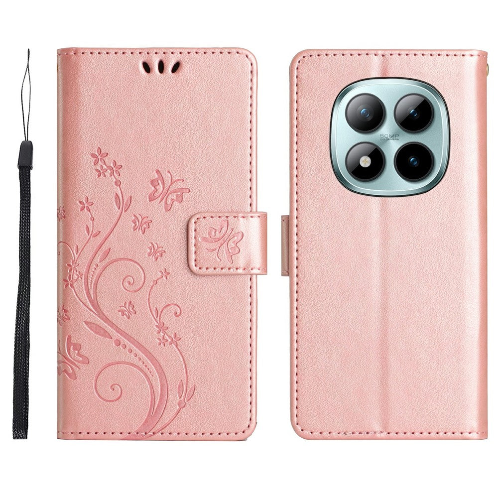 For Xiaomi Redmi Note 15 Pro 4G (Global) Leather Wallet Case Butterfly Flower Imprinted Phone Cover with Strap - Rose Gold