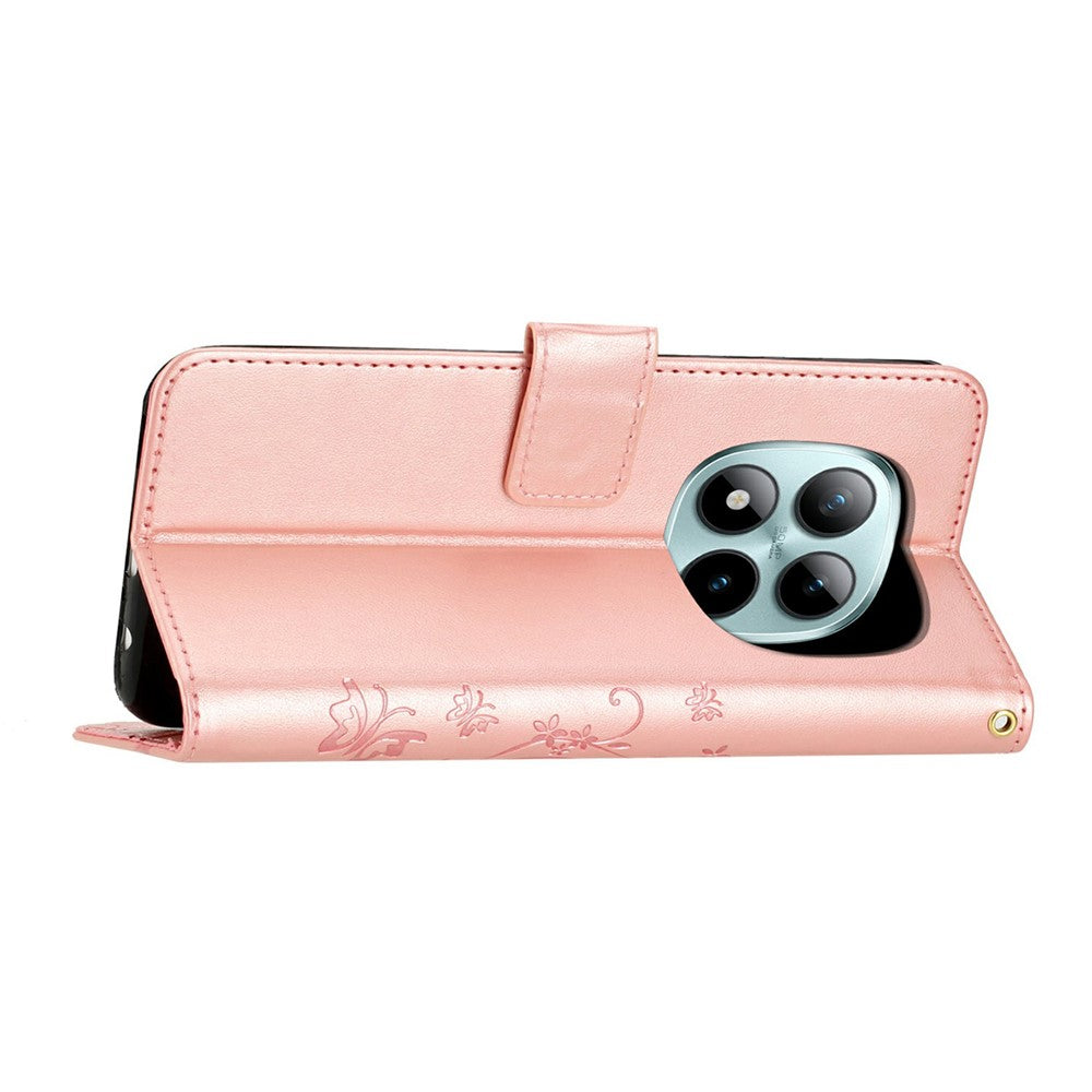 For Xiaomi Redmi Note 15 Pro 4G (Global) Leather Wallet Case Butterfly Flower Imprinted Phone Cover with Strap - Rose Gold
