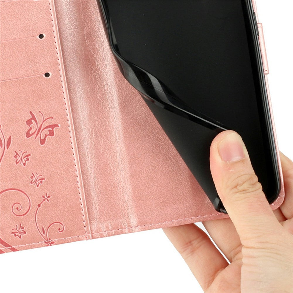 For Xiaomi Redmi Note 15 Pro 4G (Global) Leather Wallet Case Butterfly Flower Imprinted Phone Cover with Strap - Rose Gold