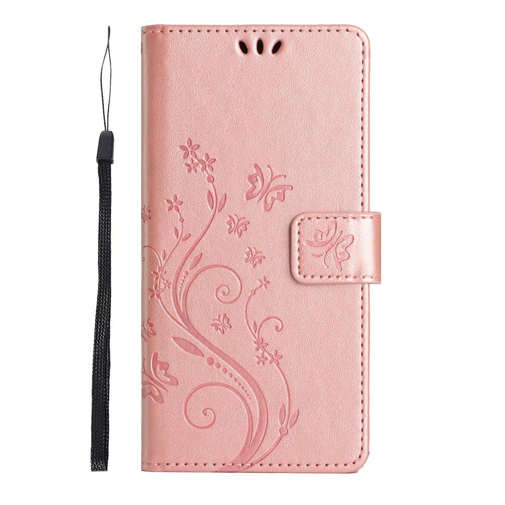 For Xiaomi Redmi Note 15 Pro 4G (Global) Leather Wallet Case Butterfly Flower Imprinted Phone Cover with Strap - Rose Gold