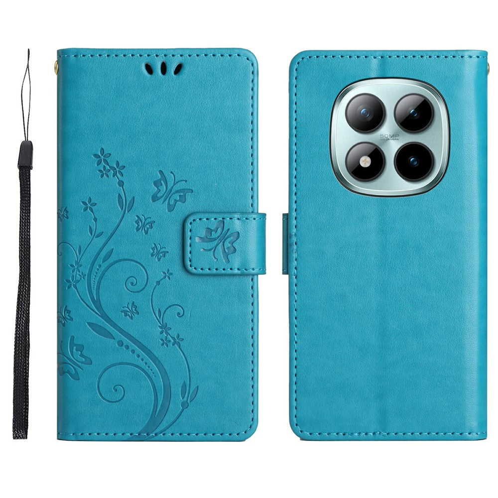 For Xiaomi Redmi Note 15 Pro 4G (Global) Leather Wallet Case Butterfly Flower Imprinted Phone Cover with Strap - Blue