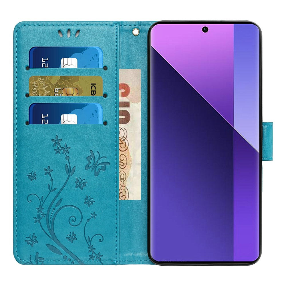For Xiaomi Redmi Note 15 Pro 4G (Global) Leather Wallet Case Butterfly Flower Imprinted Phone Cover with Strap - Blue