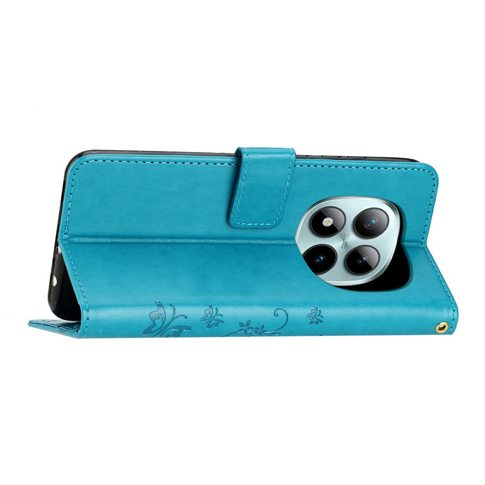 For Xiaomi Redmi Note 15 Pro 4G (Global) Leather Wallet Case Butterfly Flower Imprinted Phone Cover with Strap - Blue