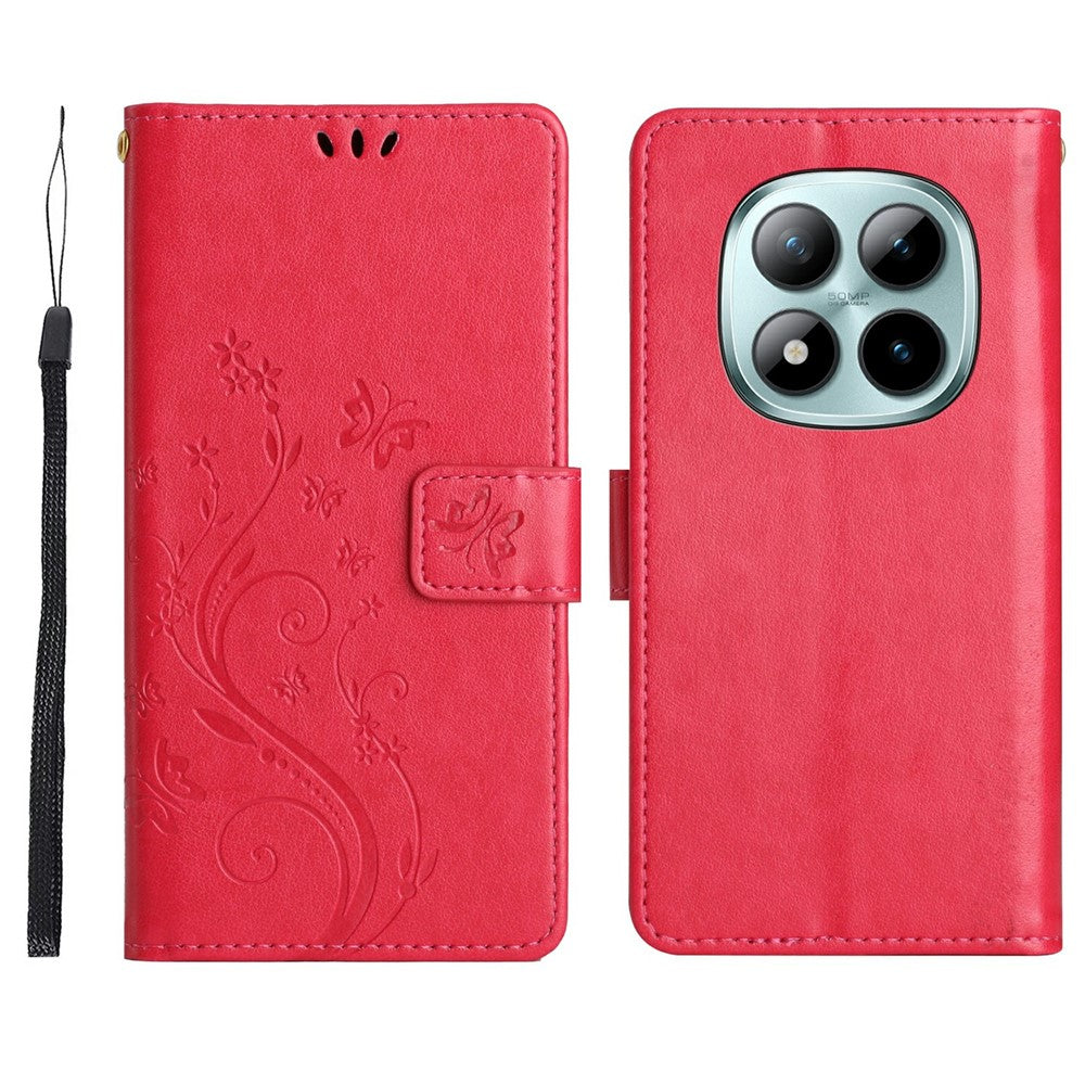 For Xiaomi Redmi Note 15 Pro 4G (Global) Leather Wallet Case Butterfly Flower Imprinted Phone Cover with Strap - Red