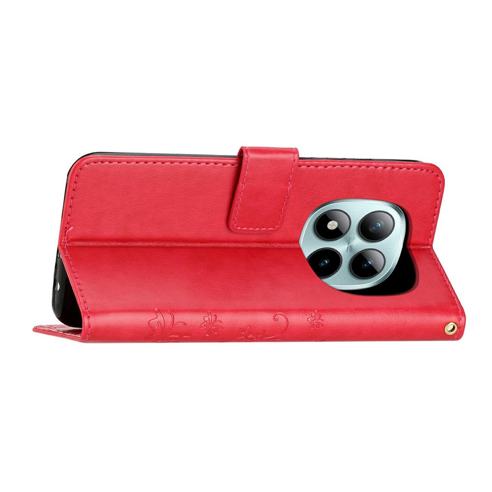 For Xiaomi Redmi Note 15 Pro 4G (Global) Leather Wallet Case Butterfly Flower Imprinted Phone Cover with Strap - Red