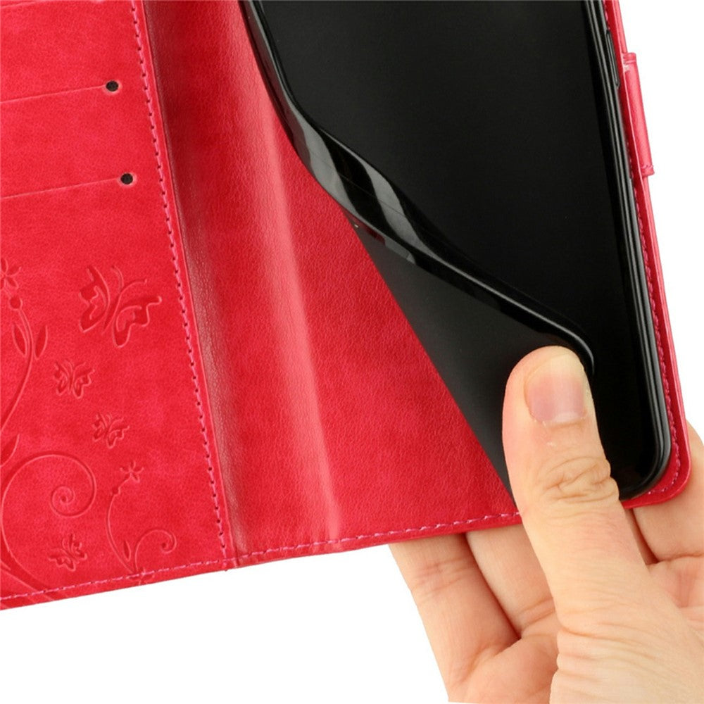 For Xiaomi Redmi Note 15 Pro 4G (Global) Leather Wallet Case Butterfly Flower Imprinted Phone Cover with Strap - Red