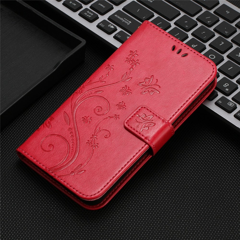 For Xiaomi Redmi Note 15 Pro 4G (Global) Leather Wallet Case Butterfly Flower Imprinted Phone Cover with Strap - Red
