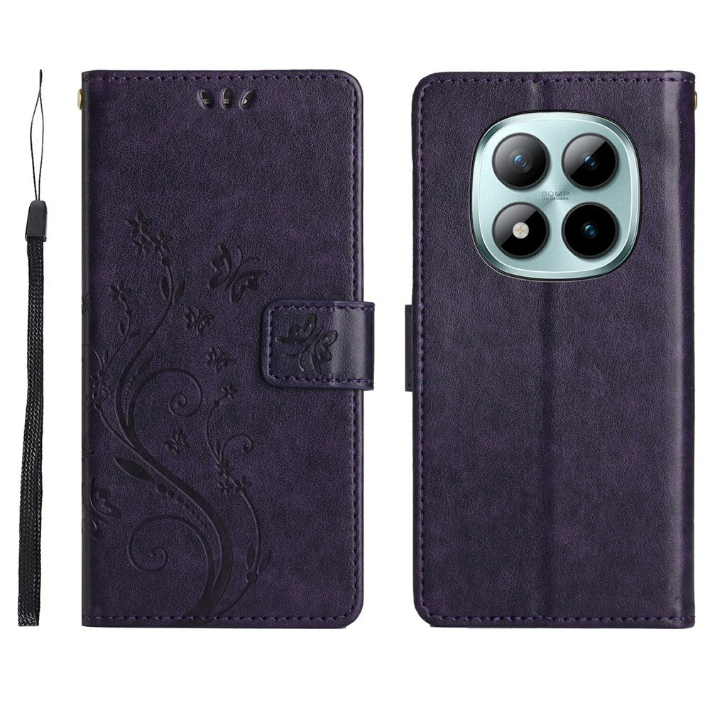 For Xiaomi Redmi Note 15 Pro 4G (Global) Leather Wallet Case Butterfly Flower Imprinted Phone Cover with Strap - Dark Purple