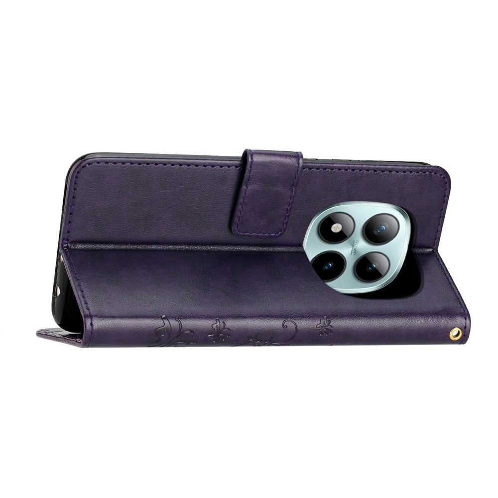 For Xiaomi Redmi Note 15 Pro 4G (Global) Leather Wallet Case Butterfly Flower Imprinted Phone Cover with Strap - Dark Purple