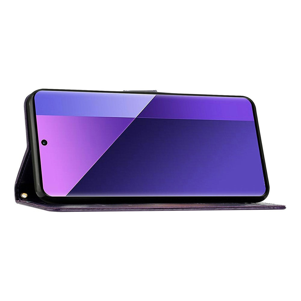 For Xiaomi Redmi Note 15 Pro 4G (Global) Leather Wallet Case Butterfly Flower Imprinted Phone Cover with Strap - Dark Purple