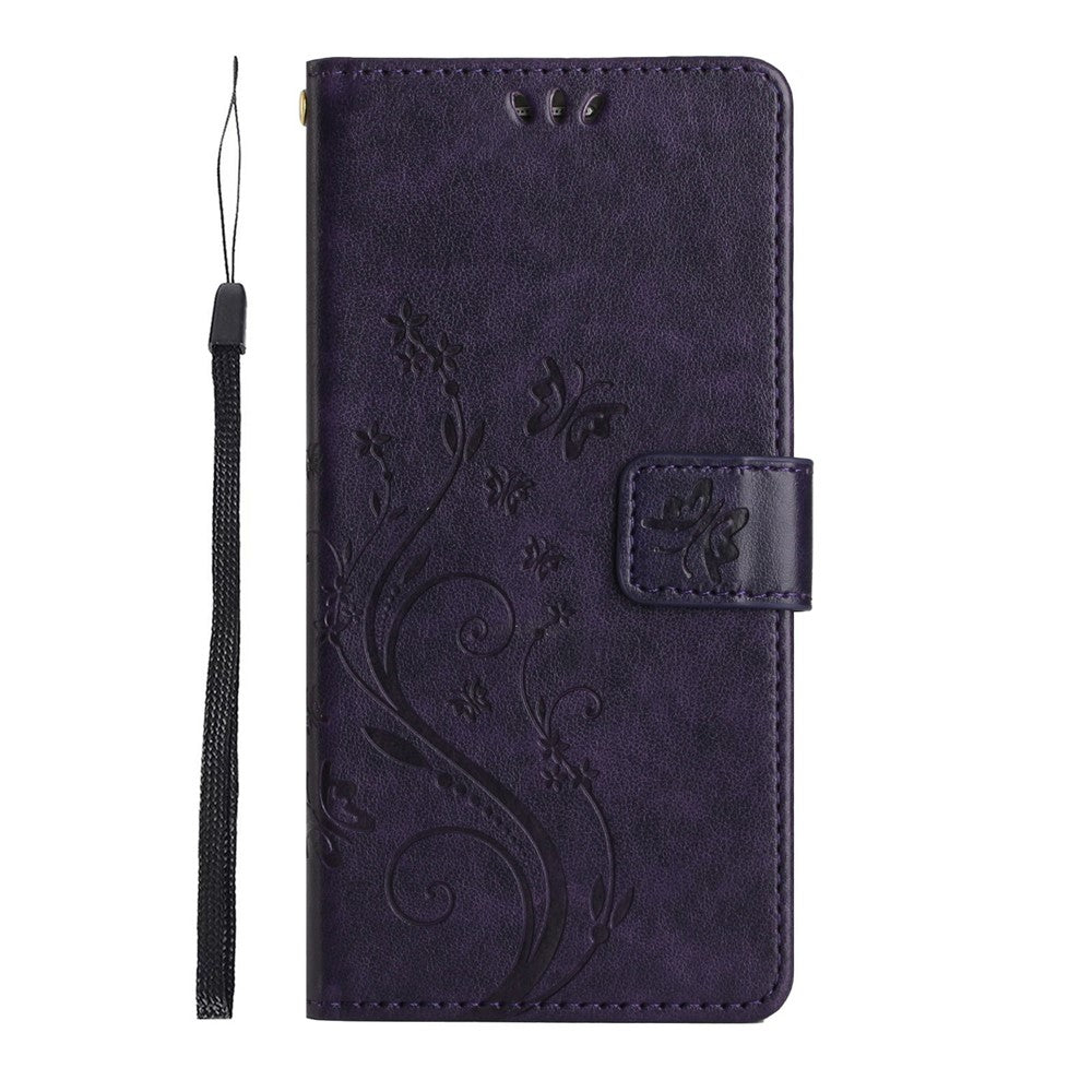 For Xiaomi Redmi Note 15 Pro 4G (Global) Leather Wallet Case Butterfly Flower Imprinted Phone Cover with Strap - Dark Purple