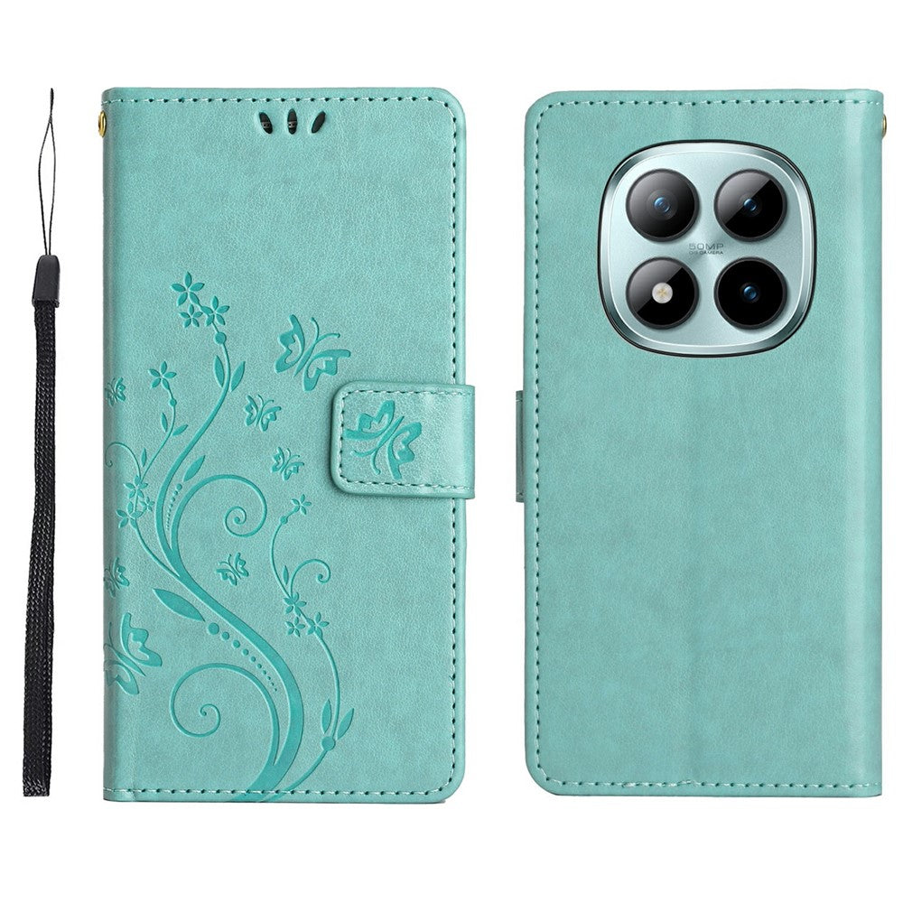 For Xiaomi Redmi Note 15 Pro 4G (Global) Leather Wallet Case Butterfly Flower Imprinted Phone Cover with Strap - Baby Blue