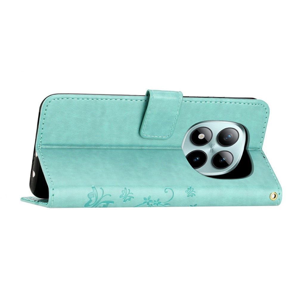For Xiaomi Redmi Note 15 Pro 4G (Global) Leather Wallet Case Butterfly Flower Imprinted Phone Cover with Strap - Baby Blue