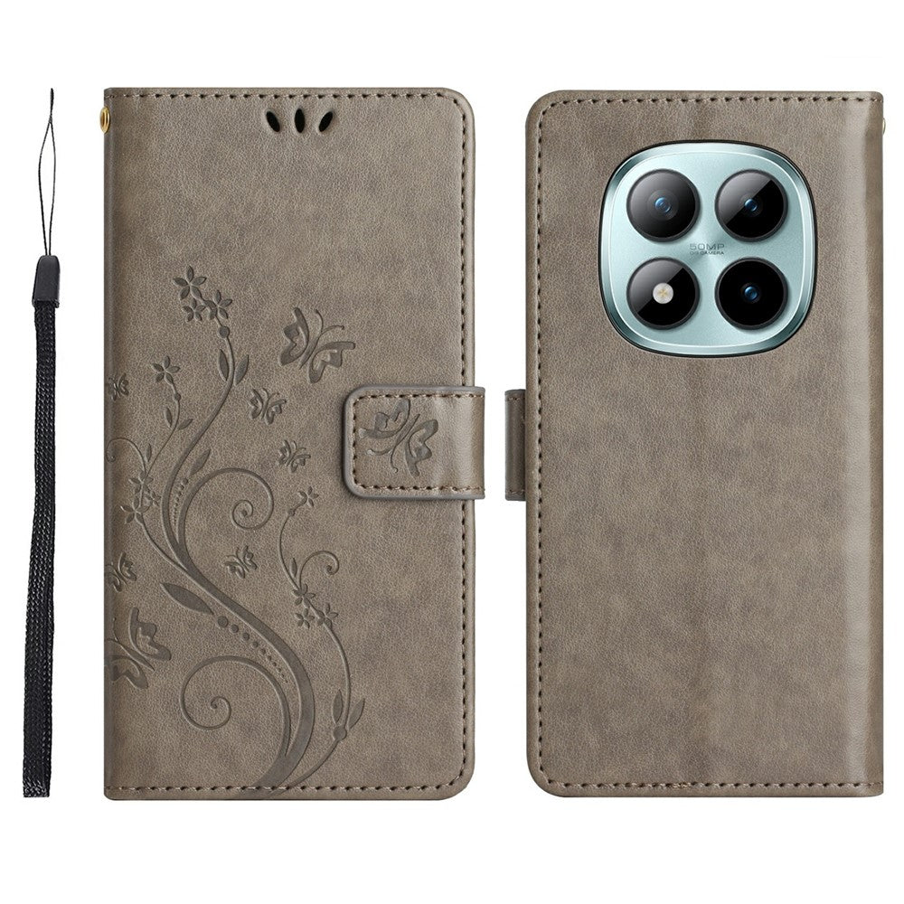 For Xiaomi Redmi Note 15 Pro 4G (Global) Leather Wallet Case Butterfly Flower Imprinted Phone Cover with Strap - Grey
