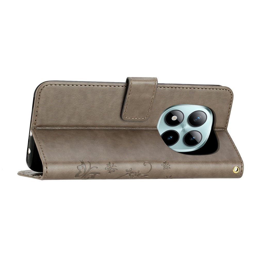 For Xiaomi Redmi Note 15 Pro 4G (Global) Leather Wallet Case Butterfly Flower Imprinted Phone Cover with Strap - Grey