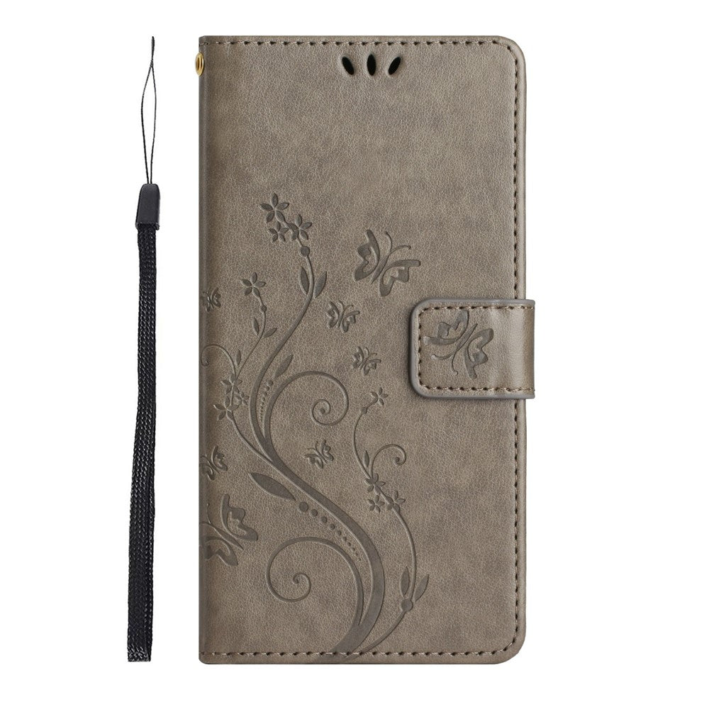 For Xiaomi Redmi Note 15 Pro 4G (Global) Leather Wallet Case Butterfly Flower Imprinted Phone Cover with Strap - Grey