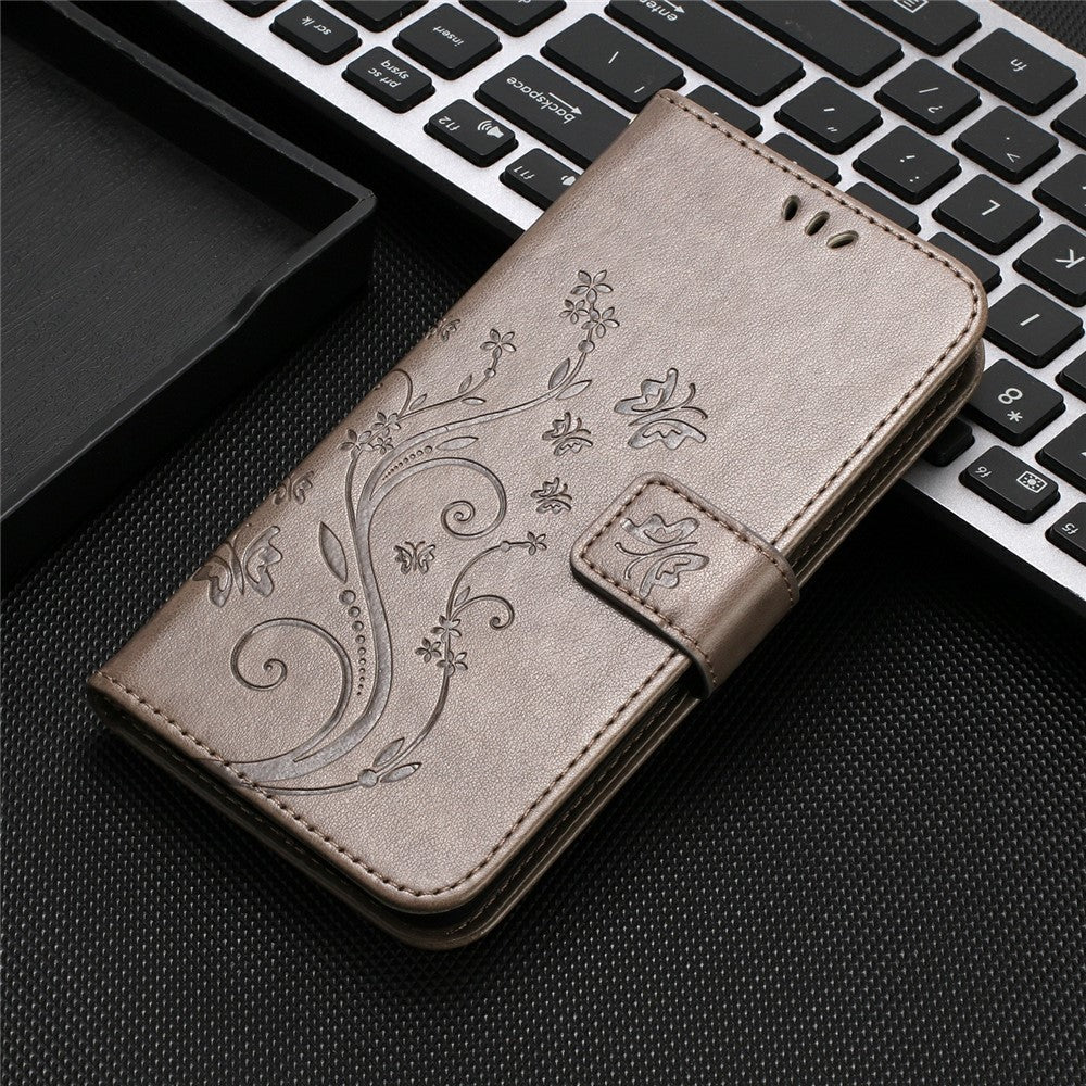 For Xiaomi Redmi Note 15 Pro 4G (Global) Leather Wallet Case Butterfly Flower Imprinted Phone Cover with Strap - Grey