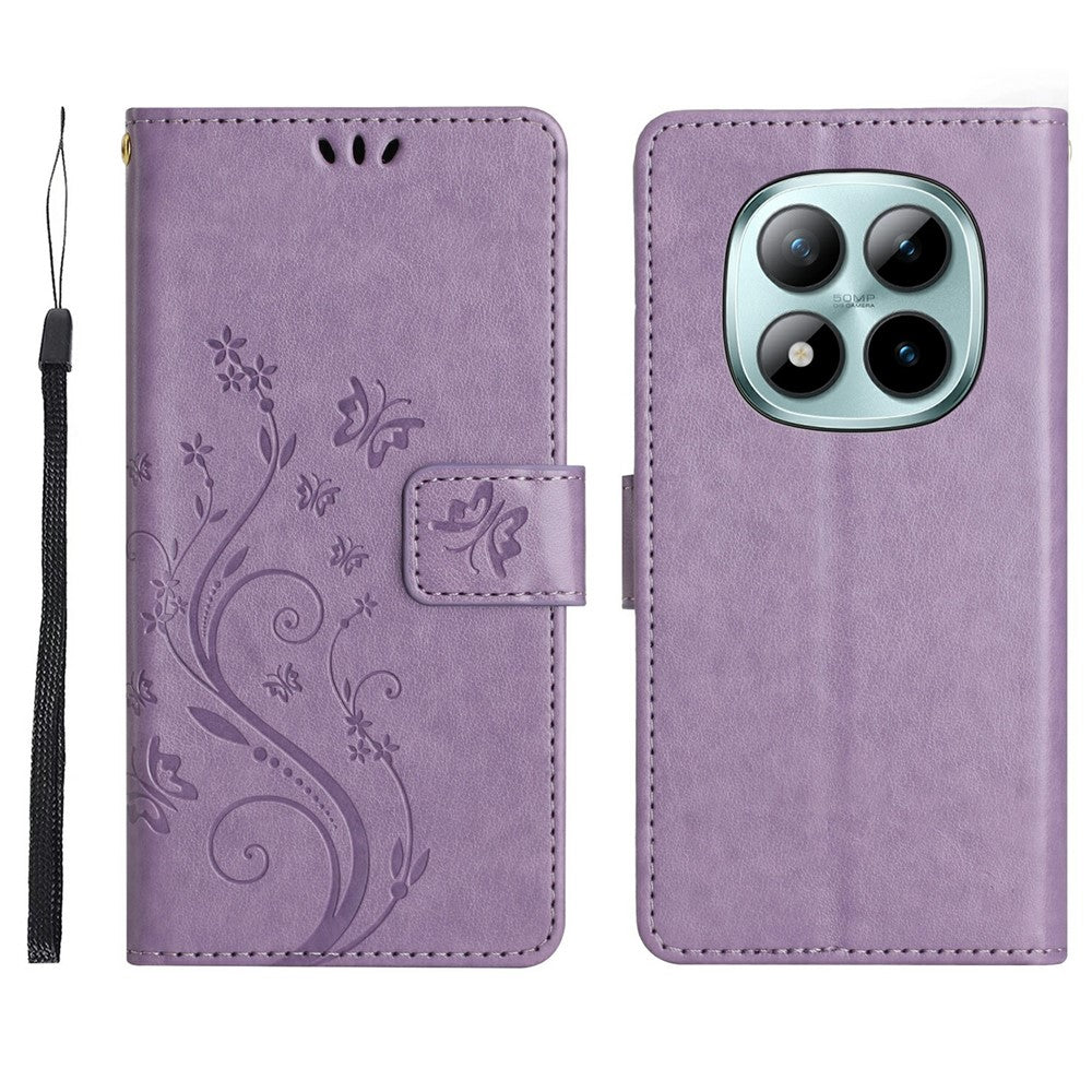 For Xiaomi Redmi Note 15 Pro 4G (Global) Leather Wallet Case Butterfly Flower Imprinted Phone Cover with Strap - Light Purple