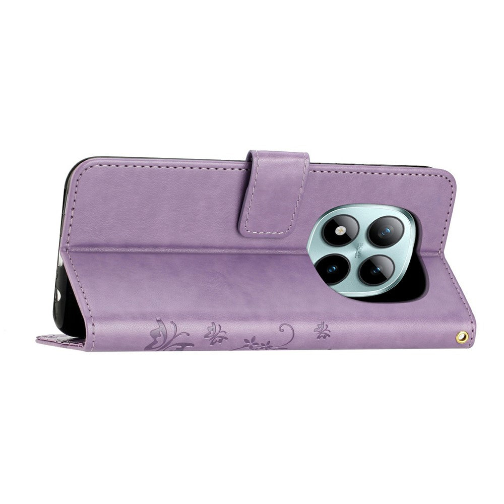 For Xiaomi Redmi Note 15 Pro 4G (Global) Leather Wallet Case Butterfly Flower Imprinted Phone Cover with Strap - Light Purple