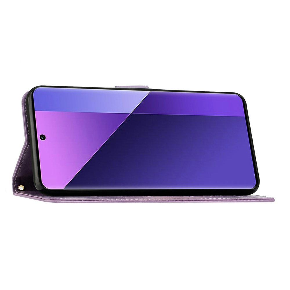 For Xiaomi Redmi Note 15 Pro 4G (Global) Leather Wallet Case Butterfly Flower Imprinted Phone Cover with Strap - Light Purple