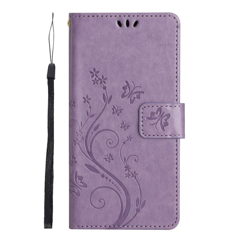 For Xiaomi Redmi Note 15 Pro 4G (Global) Leather Wallet Case Butterfly Flower Imprinted Phone Cover with Strap - Light Purple
