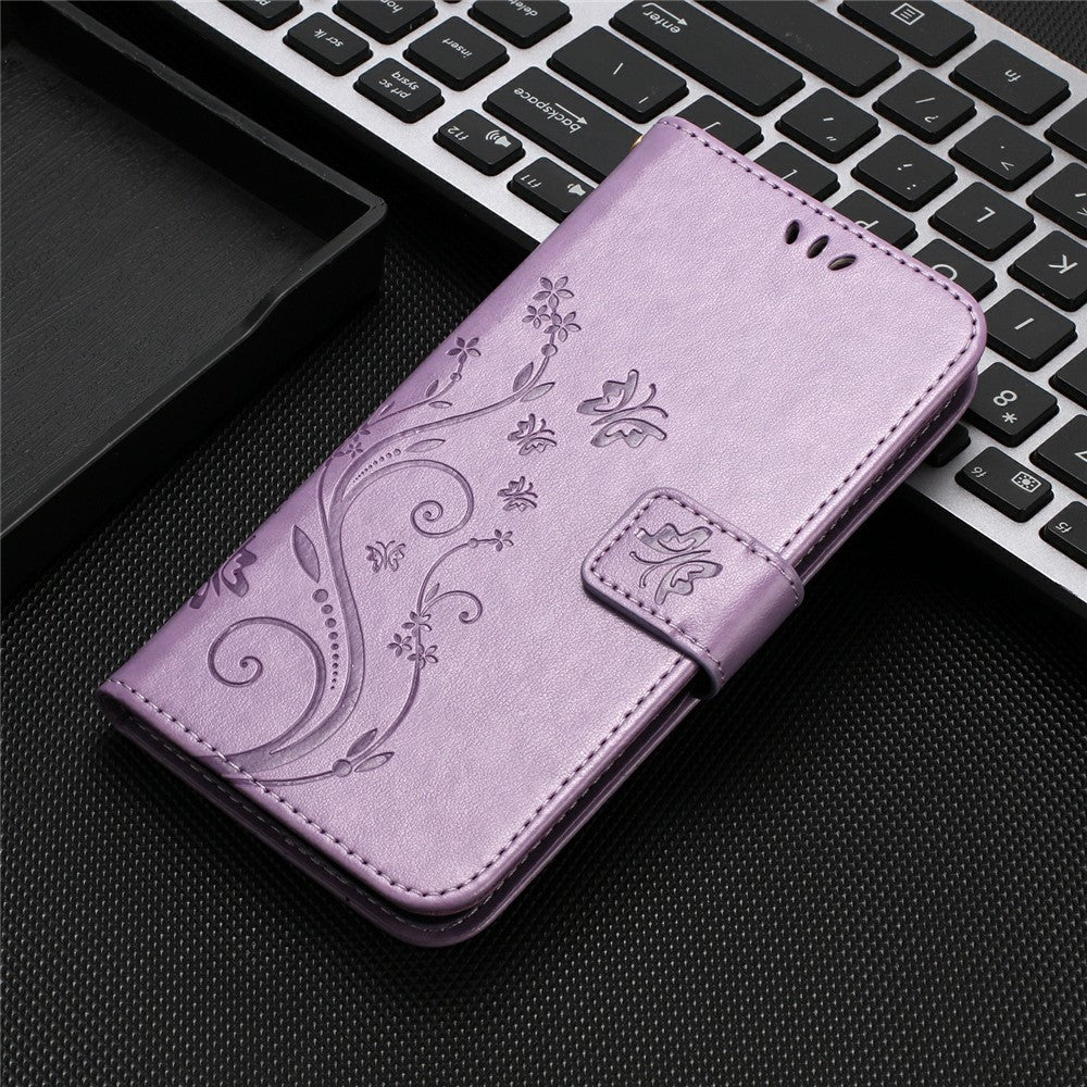 For Xiaomi Redmi Note 15 Pro 4G (Global) Leather Wallet Case Butterfly Flower Imprinted Phone Cover with Strap - Light Purple