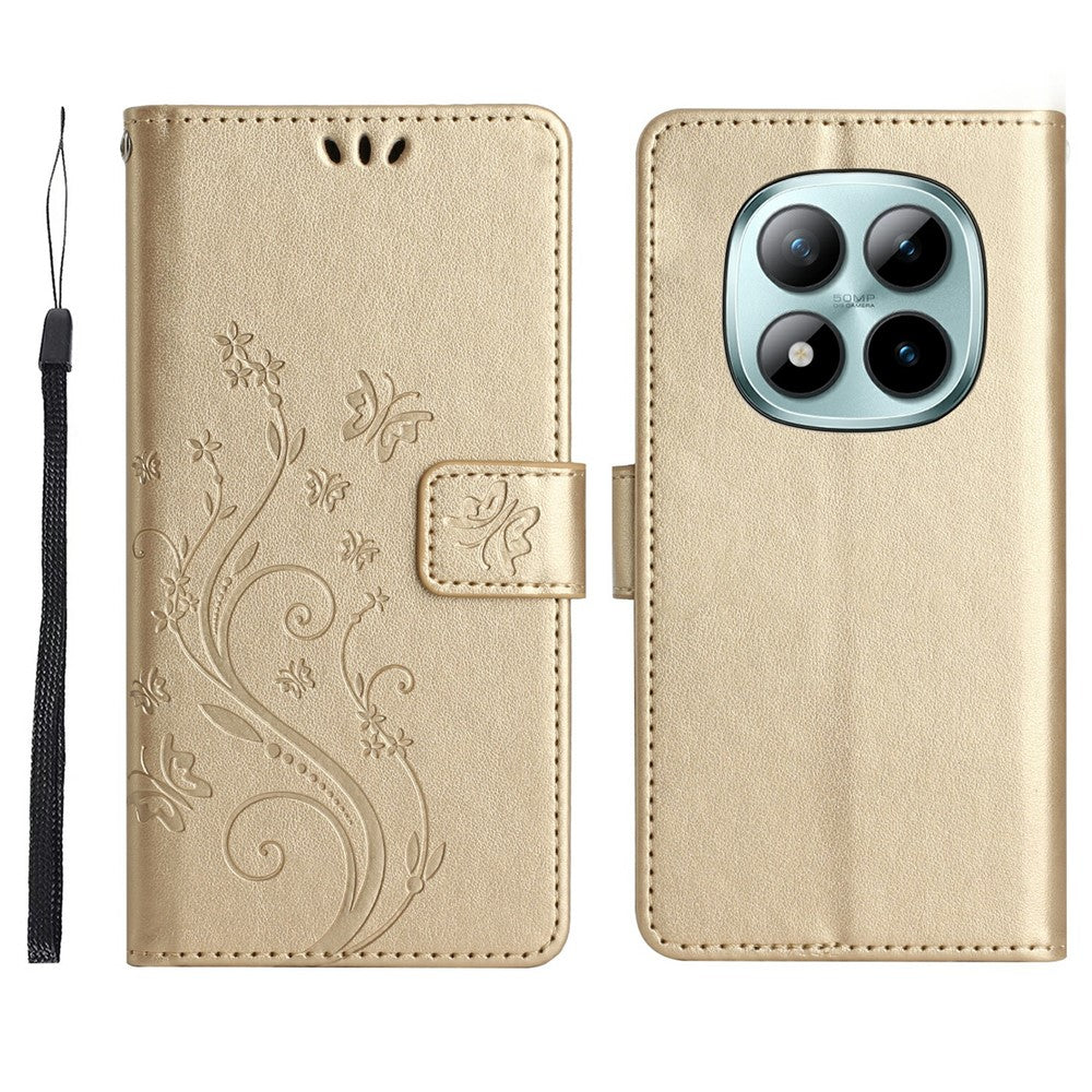 For Xiaomi Redmi Note 15 Pro 4G (Global) Leather Wallet Case Butterfly Flower Imprinted Phone Cover with Strap - Gold