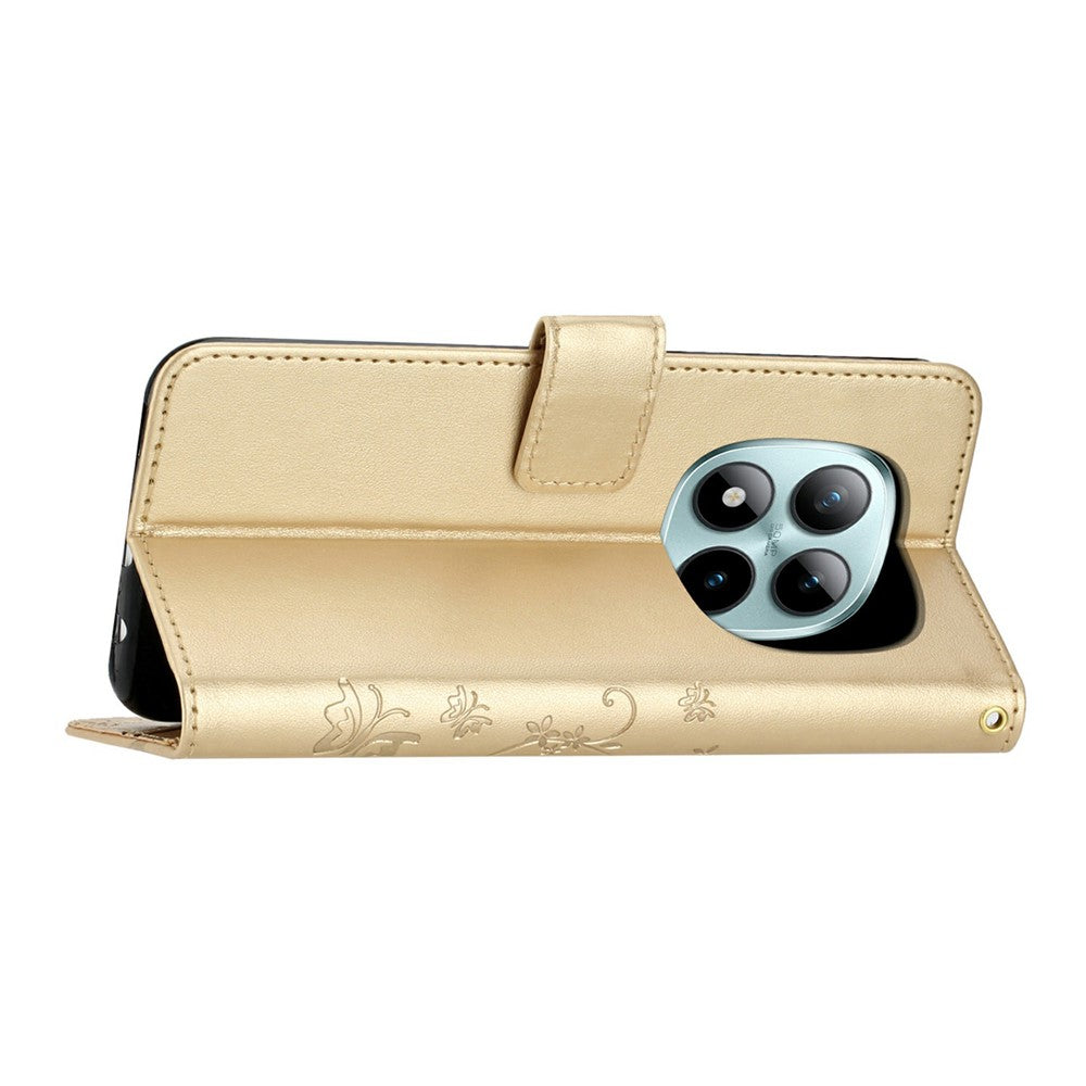 For Xiaomi Redmi Note 15 Pro 4G (Global) Leather Wallet Case Butterfly Flower Imprinted Phone Cover with Strap - Gold